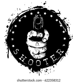 Vector illustration hand with pistol on grunge background. Inscription shooter. For tattoo or t-shirt design.