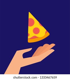 Vector illustration of a hand and pizza slice. Food and Eating Concept. Feeding and Helping Design