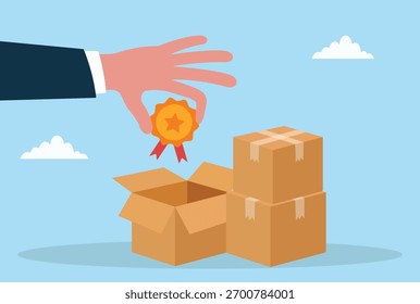 Vector illustration of a hand placing a quality badge on a cardboard box, symbolizing product certification, brand trust, quality assurance, packaging standards, and customer satisfaction
