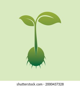 Vector illustration of hand with plant sprout. Symbol of care and environmental protection. Icon with planting sapling for gardening.