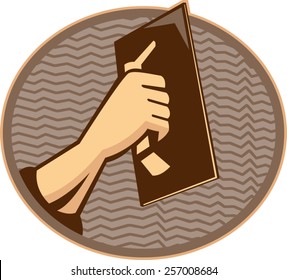 vector illustration of a hand of a plasterer worker tradesman plastering set inside oval done in retro style