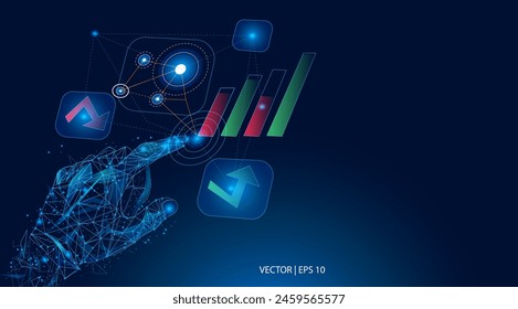 
Vector illustration. A hand is pointing to a buy or sell button, taking into account the rising or falling chart. Abstract low poly trading background