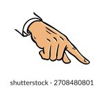 Vector illustration of a hand pointing downward in pop art comic style. Order, instruction and reprimand. Isolated outline drawing on white