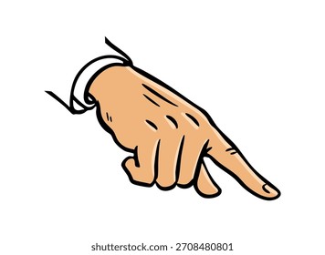 Ilustración vectorial de una mano que apunta hacia abajo en estilo de cómic de arte pop. Orden, instrucción y reprimenda. Dibujo de contorno aislado en blanco