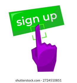 Una Ilustración vectorial de una mano que apunta a un Botón Registrarse, que representa la interacción del usuario. Ideal para el registro de Cuentas, la incorporación de App y las imágenes de llamadas a la acción.