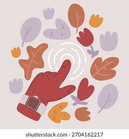 Ilustração vetorial da mão apontando para algo. Toque na tela