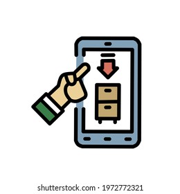 Vector illustration of a hand pointing at a Tosca blue cellphone screen with an arrow and a small cupboard on the cellphone screen