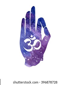 Vector illustration with hand in pose Jnana or Chin mudra and hindu sign Om. Bright watercolor textured background with space texture with religious symbol Aum. Typography poster and card design.