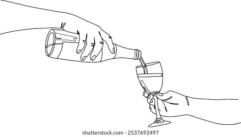 Vector illustration of a hand pouring wine or champagne from a bottle into a wine glass, with droplets and spill details. The image is in grayscale, with simple, clean lines and a minimalist style.