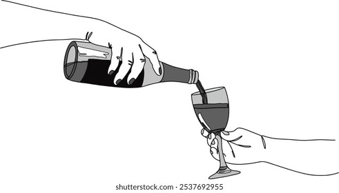 Vector illustration of a hand pouring wine or champagne from a bottle into a wine glass, with droplets and spill details. The image is in grayscale, with simple, clean lines and a minimalist style.