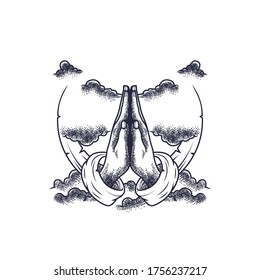 vector illustration of hand praying with cloud background