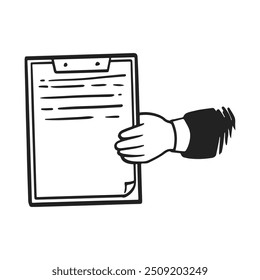 vector illustration of a hand presenting a clipboard with documents. Ideal for conveying concepts of administration, organization, business management, and data recording