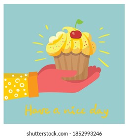 Vektorgrafik einer Hand, die einen Cupcake im Flachstil präsentiert