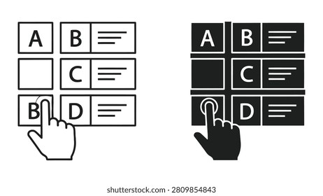 Vector illustration of a hand pressing letter keys A, B, C, and D on a simple keyboard layout in line art style.