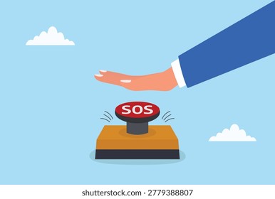 Vector illustration of hand pressing SOS emergency button, symbolizing urgent help, emergency response, crisis management, alert system, and business support concept