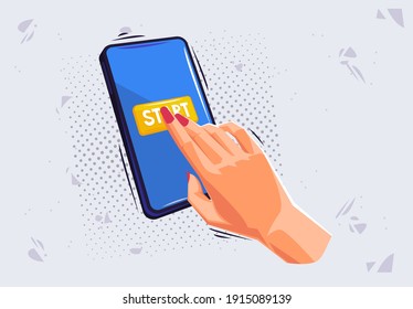 vector illustration of a hand pressing the start button on a smartphone screen