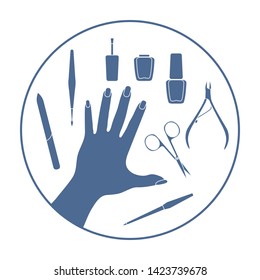 Vector illustration with hand, professional manicure tools, nail polish. Beauty salon. Manicure. Glamour fashion vogue style.