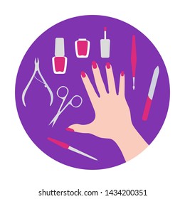 Vector illustration with hand, professional manicure tools, nail polish. Beauty salon. Manicure. Glamour fashion vogue style.