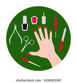 Vector illustration with hand, professional manicure tools, nail polish. Beauty salon. Manicure. Glamour fashion vogue style.
