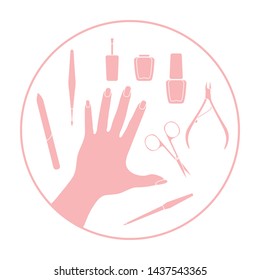 Vector illustration with hand, professional manicure tools, nail polish. Beauty salon. Manicure. Glamour fashion vogue style.