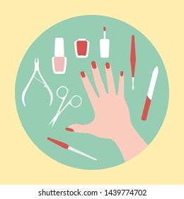 Vector illustration with hand, professional manicure tools, nail polish. Beauty salon. Manicure. Glamour fashion vogue style.