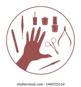 Vector illustration with hand, professional manicure tools, nail polish. Beauty salon. Manicure. Glamour fashion vogue style.
