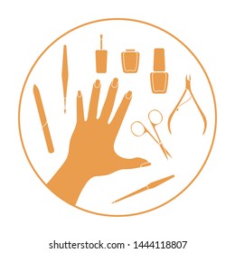 Vector illustration with hand, professional manicure tools, nail polish. Beauty salon. Manicure. Glamour fashion vogue style.