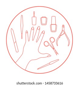 Vector illustration with hand, professional manicure tools, nail polish. Beauty salon. Manicure. Glamour fashion vogue style.