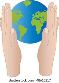 Vector illustration of hand protecting world