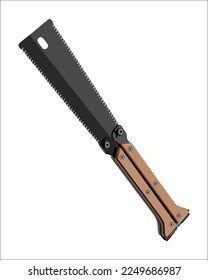 Vector Illustration Hand Pruning Folding Saw isolated. Carpentry hand tools. This saw is used to cut a wide range on the large end of wood thicknesses or trim live shrubs and trees.