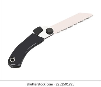 Vector Illustration Hand Pruning Folding Saw isolated. Carpentry hand tools. This saw is used to cut a wide range on the large end of wood thicknesses or trim live shrubs and trees.