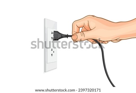 vector illustration of hand pulling power cord in wrong design,risk of danger,damage to power plug on wall,wrong way to unplug,turn off cable,on white.Dangerous to life,safety from electricity.