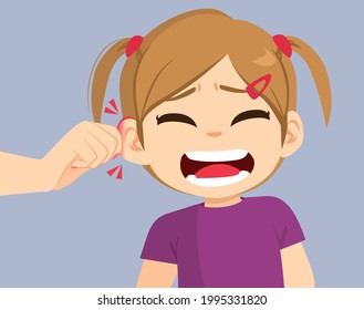 Vector Illustration Of Hand Pulling Sad Girl Ear Bad Physical Harm Punishment Concept