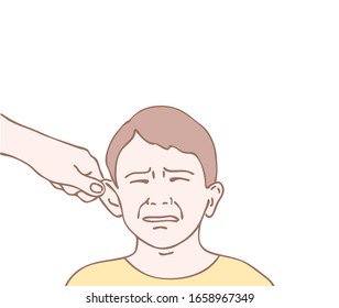 Vector illustration hand pulls the boy's ear, mom punishes child's, cartoon design isolated on a white background