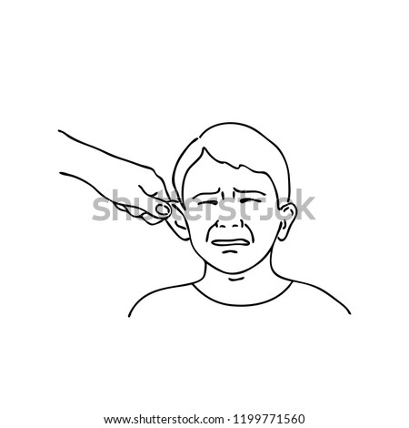 vector illustration hand pulls the boy's ear, mom punishes child's, linear design