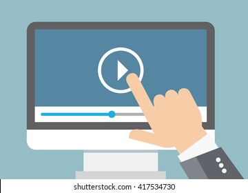 Vector illustration of hand push start button on screen.