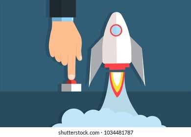 Vector illustration of hand pushing button to start a space shuttle. Startup business concept. Eps flat horizontal image.