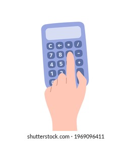 Vector illustration with hand pushing the button on calculator. Cute artwork in flat cartoon style. Investment and finance analytics concept. Education electronic gadget. Learning math