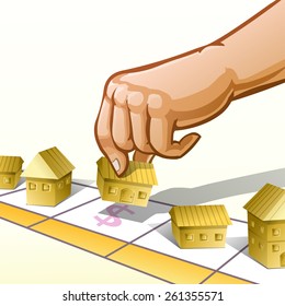 Vector illustration of hand put property on board game