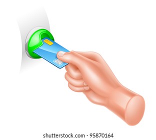 Vector illustration of hand puts card in atm on white background