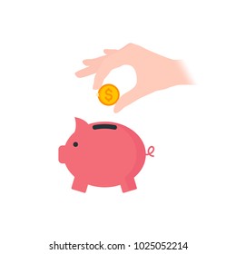 Ilustración vectorial de una mano que pone una moneda en la caja del cerdito
