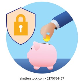 ilustración vectorial de una mano arrojando una moneda de oro en un banco de cerco y un escudo de seguridad con bloqueo representado cerca