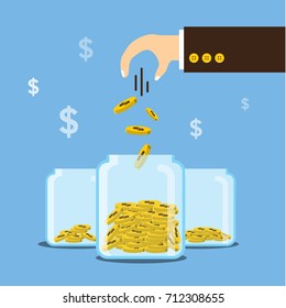 Vector illustration, Hand putting coin falling in jar, save money and investment concept