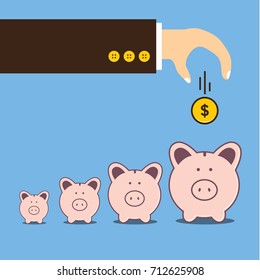 Vector illustration, Hand putting coin falling in piggy bank icon, Saving money and investing is growing growth wealthy and sustainable for the future concept