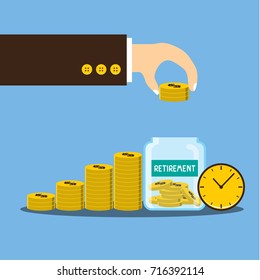 Vector illustration, Hand putting coin in jar and word retirement with coins stack growth financial, save money and investment for retirement planing concept