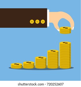 Vector illustration, Hand putting coin stack growth financial, save money and investment concept