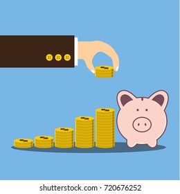 Vector illustration, Hand putting coin stack growth financial with piggy bank, save money and investment concept