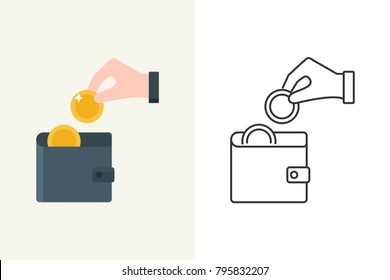 Vector illustration of a hand putting a coin into the wallet flat and line style icon