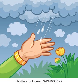 Vector illustration of a hand in the rain that catches drops of water. Thunderclouds with a hand in a cartoon style and a flower.