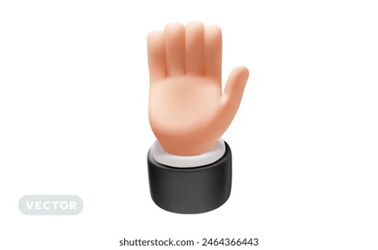 Vector illustration of hand raised up gesture on white color background. 3d style design of raised up man white skin hand in sleeve for web, banner, poster, print